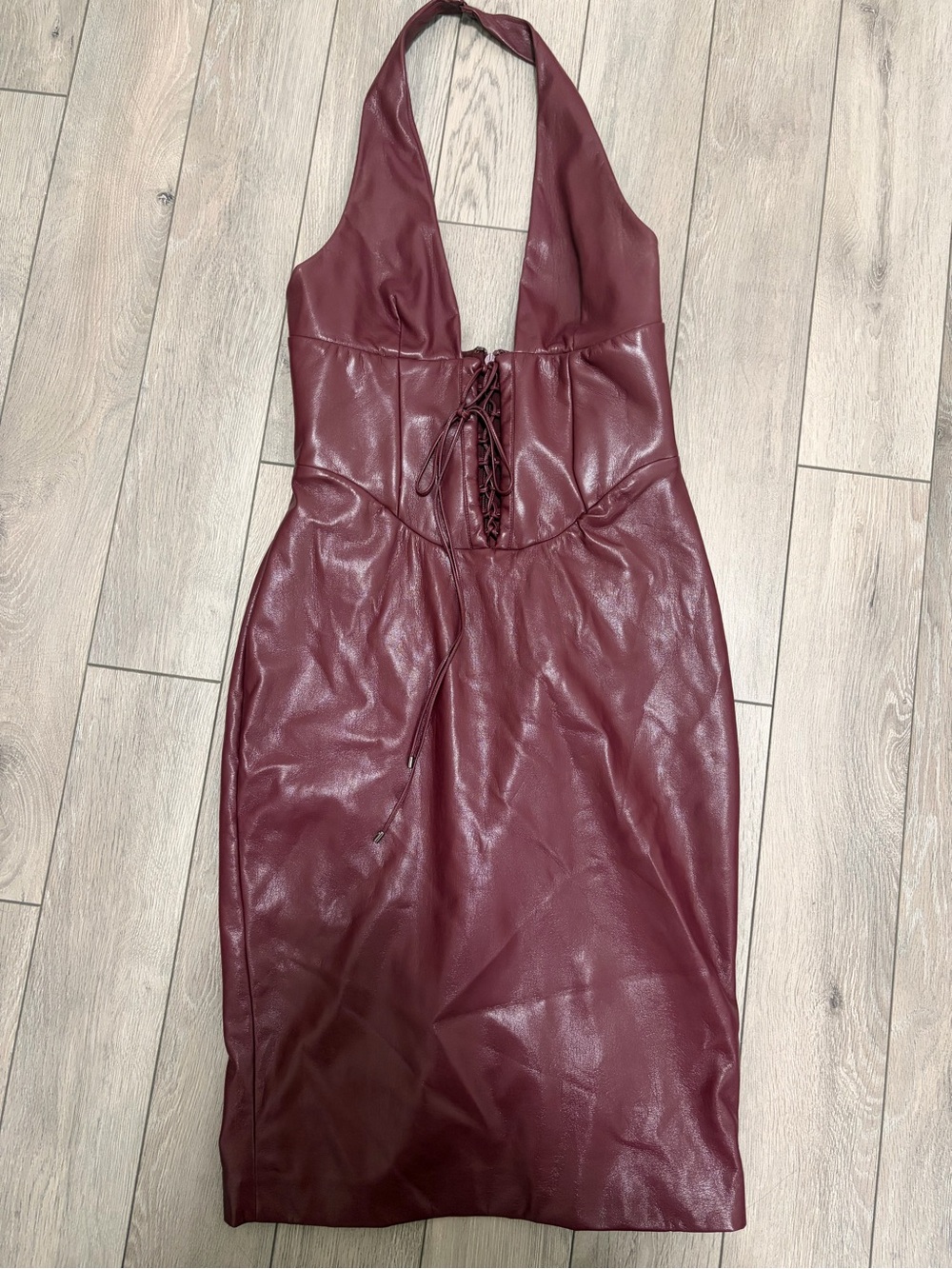 House of CB Burgundy Faux Leather One-Shoulder Halter Midi Dress